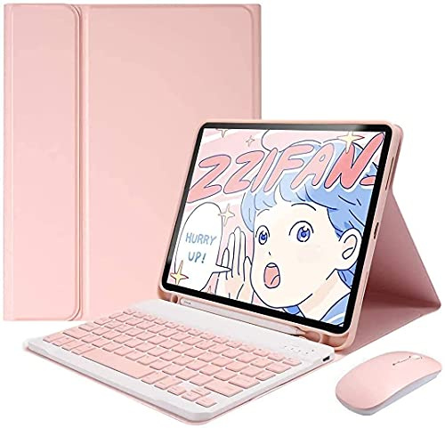 PboyiqiS Keyboard Case with Mouse for 9.7 iPad (2018/2017, 6th/5th Gen, Pro, Air 2) - Detachable Wireless Bluetooth Keyboard Pencil Holder Slim Leather Cover (iPad 9.7inch, Pink)
