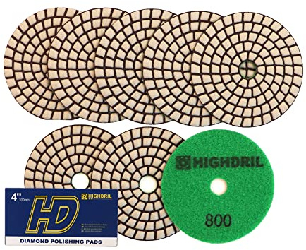 HIGHDRIL Diamante Lucidatura Pad - 8 pezzi #800 Set Tamponi Lucidatura Secco 100MM per Granito Pietra Marmo Pavimento, Kit di Pad di Lucidatura per Trapano Smerigliatrice Lucidatrice