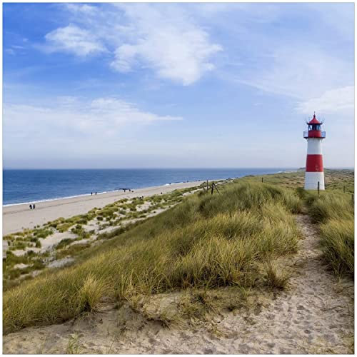 Wallario Memoboard aus Glas mit Motiv, Magnet-Tafel in 50 x 50 cm in Premium Qualität Am Strand von Sylt Leuchtturm auf der Düne Panorama