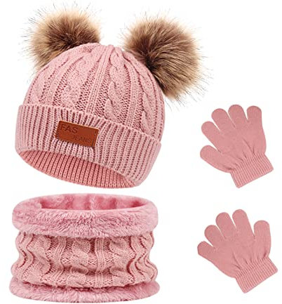 Waylipun 3 in 1 Kinder Wintermütze Schal Handschuhe Set, Strickmütze Babymütze Kinder Mütze Set, Warme Winter Beanie Hut Handschuhe Schal Set für Kinder Jungen Mädchen, 1-5 Jahre ​(Dunkel Rosa)