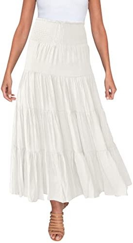 Jupe longue d'été pour femme - Taille haute élastique - Style bohème - Cordon de serrage décontracté - Jupe longue japonaise pour fille, 4 - Blanc., L