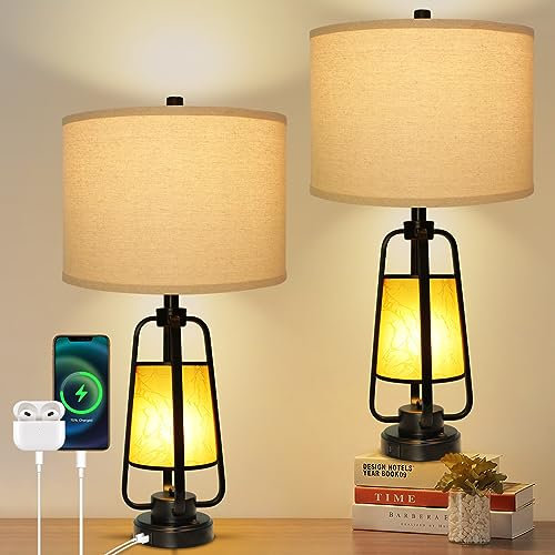 2er Set Tischlampe 3 Wege Dimmbar Touch Metalle Lampenfuß, Nachttischlampe mit 2 Lichtquellen(6W & 4W) und 2 USB-Anschlüsse, E27 Tischleuchte Vintage für Schlafzimmer Wohnzimmer