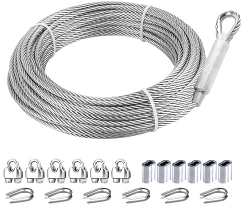hannger Drahtseil 5mm, 23M, 7x19 Litzenkern 304 Edelstahl Stahlseil mit Ösen, 1600kg Bruchfestigkeit, Drahtseil Set für Außen, Garten, Geländer