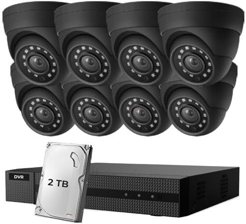 HiZone Pro 8CH 1080P Security Camera System with Hard Drive 2TB, H.265+ 8 Channel DVR Recorder and Weatherproof CCTV Dome Cameras Indoor Outdoor, 80ft Night Vision (8Camera+2TB), White