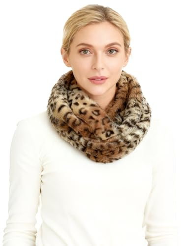 Lina & Lily Leopard Animal Print Women's Winter Infinity Scarf Double Loop Snood Faux Fur (Leopard Brown Beige)