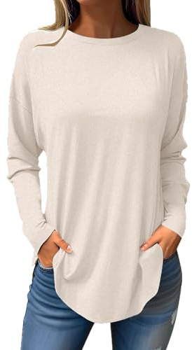 Grundläggande långärmad tröja dam – lång tröja dam – enfärgade t-shirts rund hals långärmad tröja bomull långärmad toppar ledig långärmad tröja tunika topp t-shirt blus sweatshirt S-3XL, Beige, L