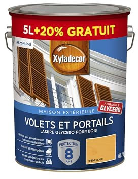 Xyladecor - Lasure Protectrice pour Bois Extérieur Glycéro - Volets, Portails, Portes, Fenêtres - Couleur : Satin Chêne Clair - Quantité : 5L plus 20% gratuit