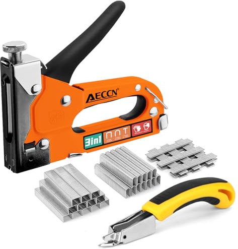 AECCN 3 in 1 Heavy Duty Staple Nail Steel Gun Kit with 2100 Staples, Upholstery Stapler for Fixing Material, Decoration, Carpentry, Furniture, Doors and Windows - Orange
