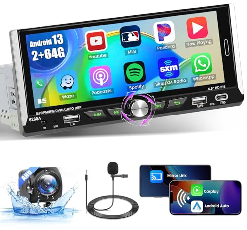 Inefala Android 15 (2+64G) Autoradio 1 Din Wireless CarPlay con Schermo 6,9 Pollici Stereo Auto Bluetooth con Android Auto Mirror Link FM RDS GPS WiFi Telecamera Posteriore USB Tipo-C