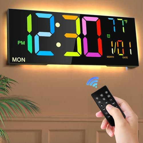 13”Orologio da Parete Digitale da con RC Grande Display Digitale e Luce Notturna con 9 Colori RGB Doppia Sveglia Auto Dimming 12/24H Countdown Display Orologio da Parete per Camera da Letto Ufficio