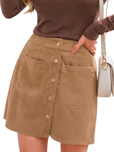 CUPSHE Minifalda para Mujer de Pana con Botones Frontales y Bolsillos, Corte Recto, Estilo Casual para Otoño e Invierno, marrón claro, M