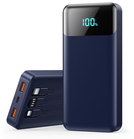 Power Bank 26800mAh, Powerbank con Cavi Integrati 25W PD Ricarica Rapida Caricatore USB C Portatile con 5 Uscite & 2 Ingressi Batteria Esterna con LCD Display per iPhone 16/15, Samsung ect (Blu)