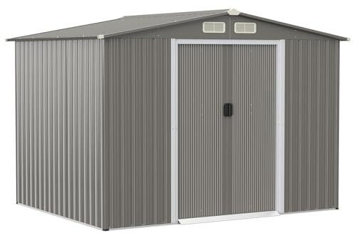 GiantexUK 6x4FT/8x4FT/8x6FT Metal Garden Shed, Outdoor Galvanized Storage House with 4 Air Vents & Sliding Doors, Slope Roof Utility Shed Building for Backyard Garage (Light Grey, 8.5x7FT)