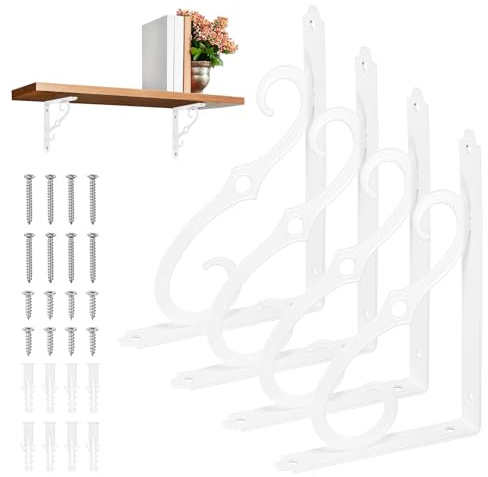 M METERXITY 4-Pack Shelf Brackets, 8 Inch Long l Shape Iron Wall Mount Shelf Support Bracket with Mounting Hardware 120 lbs Load Capacity for Home/Kitchen/DIY Decorative [White]