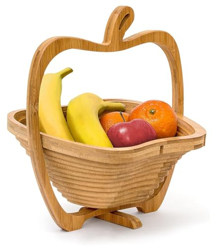 Unibos | Foldable Apple-Shaped Basket: 30 x 27 x 22.5 cm Folding Bamboo Fruit Bowl Holder Basket & Collapsible Cutting Board Wooden Fruit Bowl With An Apple-Design