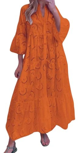Oyuchga Robe broderie anglaise pour femme - Grandes tailles - Manches 3/4 - Robe longue maxi d'été - Col en V - Ajourée - Brodée - Robes de plage - Basique - Couleur unie - Longue robe chemisier