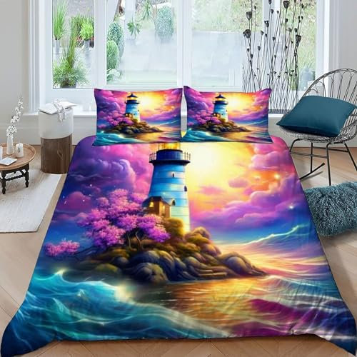HOGDISAJD Faro sul mare Reversibile Copripiumino Paesaggio viola Stampa 3D Set Di Biancheria Da Letto Morbida Microfibra Con Cerniera E 2 Federe Per Ragazzi E Ragazze King（220x240cm）