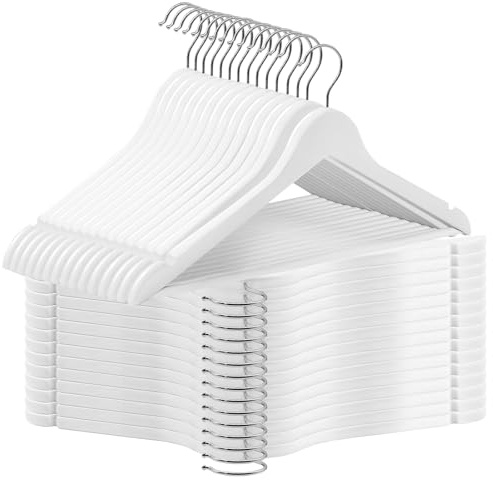 ABHENG Set de 30 Perchas de Madera para Ropa, Gancho Giratorio 360°, con entalladuras Antideslizantes, para Chaquetas, Camisas, Vestidos, 44.5 x 21.5 x 0.85 cm, Blanco AWY0530W