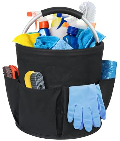 SYCEES Foldable Cleaning Caddy with Handle 17L | 6 External Multipockets, Large Cleaning Supplies Organizer, Multifunctional for Home, Kitchen, Cleaning Container, Black