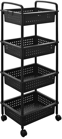 ABBAware 4 Basket Trolley Cart, Rolling Storage Multi-Functional Cart with Reinforced Castors, Home Organizing, Black