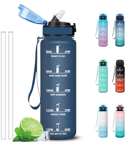 Grsta Gourde 1l, Anti Fuite Gourde Sport avec Paille, Verrou de Sécurité, Gourdes Motivationnelle, Facile à Nettoyer, Bouteille d'eau avec Marqueur de Temps pour Cyclisme, Gym, Yoga