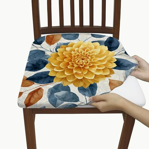 Vibrant Floral Chair Seat Covers, Stretch Washable Spandex Cushion Slipcovers with Yellow Dahlia Design, Decorative Covers for Home Dining Room Decor 6PCS