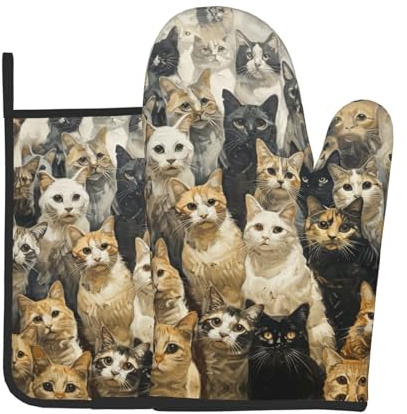 Ensemble gant de cuisine et manique imprimé chat, un must have pour la cuisine, le four, le micro-ondes et le grill
