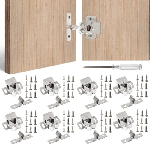 8 Pestillos de Gabinete Doble Rodillo, Cierres de Acero Inoxidable incluyen Tornillos y Destornillador para Armario, Cocina y Puertas, Accesorios de Cierre Seguros y Fáciles de Instalar - Plateado