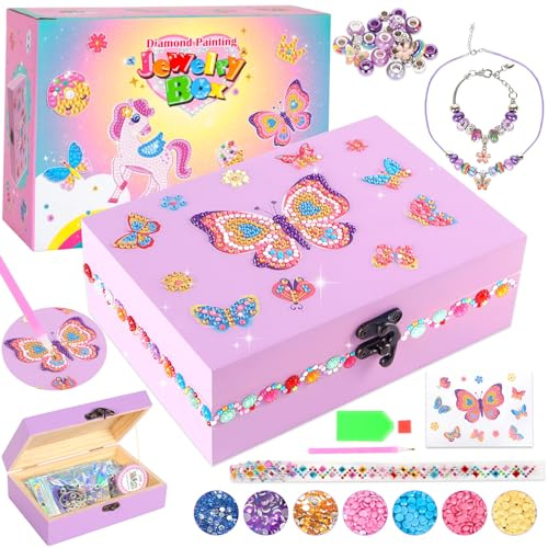 PinkSheep Boîte à bijoux en bois DIY avec collier, bracelet, autocollants pierres précieuses, coffre au trésor de pirate pour peinture, coffres au trésor, kit artisanal pour enfants et filles