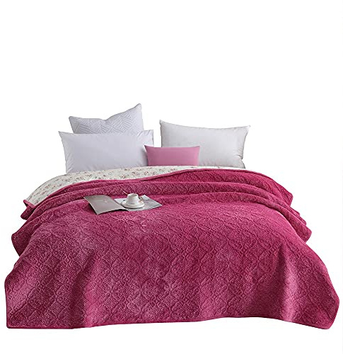 HWHHDQL Gesteppte Tagesdecke, Volltonfarbe Prägung Bettüberwürfe Warme Steppdecke Wendbare Bettdecke, Weiche und Bequeme Flanell Gesteppte Tagesdecken(Rose,200x230cm)
