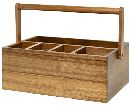 VaeFae Akazien-Besteckkorb mit Tragegriff, 5 Aufbewahrungsfächer | Natürliches Holz, praktische Fächeraufteilung, multifunktional für Utensilien und KleinteileKleinteilen