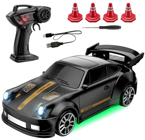 Mini Coche De Drift Teledirigido RC Car 7.9x3.5x2.6cm 1:64 Coche De Control Remoto con Luces LED 2.4 GHz 4WD Coches Teledirigido Infantil Juegos para Jóvenes Carreras Interior Y Exterior