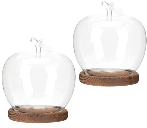 Veemoon Lot de 2 Dômes en Verre de Pomme avec Base en Bois Effet Ancien, Cloche de Protection Transparente Anti-poussière pour Objets Décoratifs, Loisirs Créatifs et Présentations