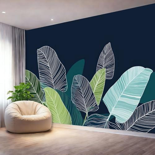 Generico Carta da Parati 250 x 175 cm（WxH,Minimalismo Piante Foglie Di Banano Linee Decorazioni Parete - Tessuto Non Tessuto Murale per Camera Letto Soggiorno Ufficio TV Sfondo Blu Scuro
