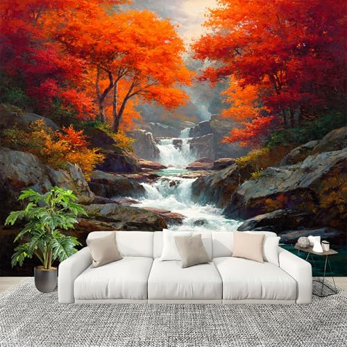 Papel pintado Panorámico 3D 400x280 cm Naturaleza Bosque Cascada Fotomurales Tejido No Tejido Paisaje Murales Panorámica para Salón, Adulto Habitación de Restaurante Decoración