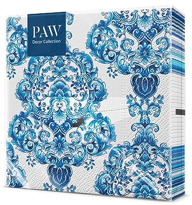 PAW - Servietten 3-lagig (33 x 33 cm) I 20 Stück I Perfekt für Kommunion, Hochzeit, Konfirmation und Feiern I Papierservietten Bunt mit Dekorationen I Ornamente, Porzellanfliesen I Porcelain Ornament