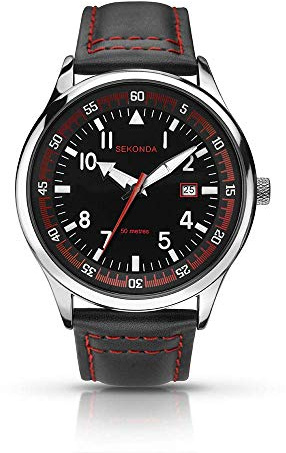 Sekonda Mens Black Leather Strap with Red Stitching Analogue Watch 1463