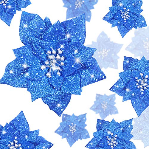 24 Stück Funkeln Weihnachtsstern Künstliche Weihnachten Blumen Weihnachtsstern Dekorationen Hochzeit Weihnachtsbaum Ornamente, 3/4/ 6 Zoll (Blau)