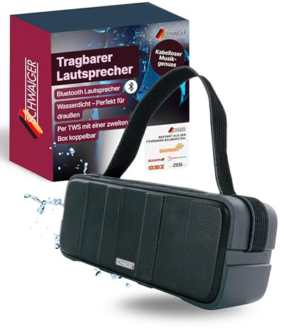 SCHWAIGER -BS220- Bluetooth-högtalare | 30 W | Utomhus | IPX5 | vattentät och robust | bärbar | justerbar bärrem | med litiumjonbatteri | uppladdningsbart | TWS | stereo | svart