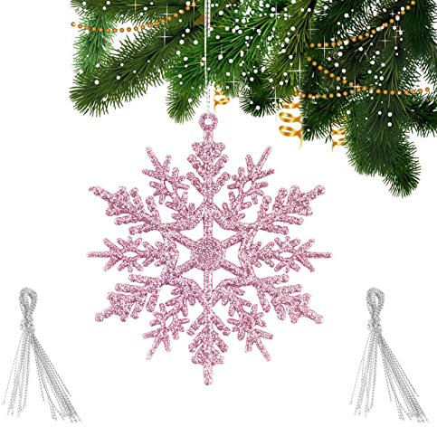 FLOFIA Weihnachten Schneeflocken Deko 24 Stück Glitzer Schneeflocke Hängend Deko für Weihnachtsbaum Aufhänger Weihnachtsdeko Ornamente Fensterdeko Rosa