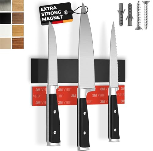 CUCINO Messer Magnetleiste selbstklebend - Vergleichssieger mit extra starkem Magnet - Einfache Montage mit 3M Klebeband ohne Bohren, Schwarz- 25cm