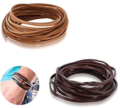 2 rotoli di cordoncino piatto in vera pelle naturale da 3 mm, per lavori artigianali, braccialetti e collane, borse e guaine per coltelli (0,11 x 0,07 cm) (marrone e caffè)