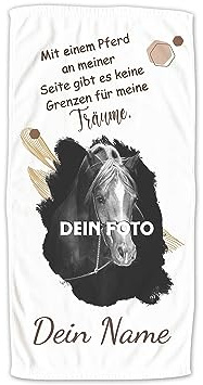GRAZDesign Personalisiertes Handtuch Pferd mit Namen & Eigenes Foto | Badetuch, Badehandtuch Kinder 140x70cm | Duschtuch Strandtuch Pferde Mädchen Fotogeschenke
