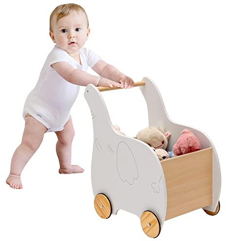 COSTWAY Carrellino Primi Passi per Bambini in Legno, Carrello Portagiochi Design 2 in 1 con Ruote in Gomma, Ideale per Bambini e Bambine con Età più di 3 Anni, 32 x 48 x 56 cm(Bianco)