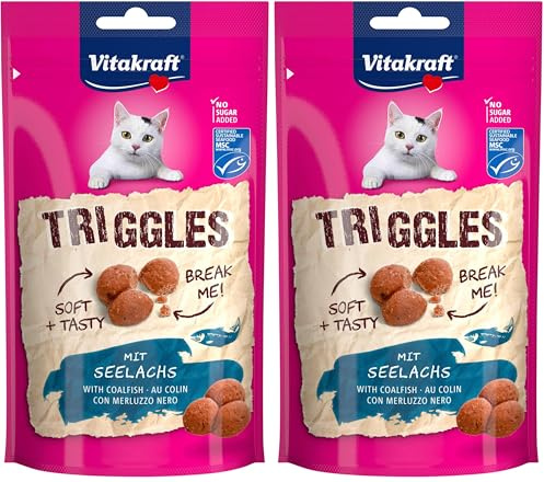 Vitakraft Triggles, Katzensnack, mit Seelachs, portionierbar in DREI Häppchen, ideal als Belohnung oder Training, ohne Zuckerzusatz (1x 40g) (Packung mit 2)