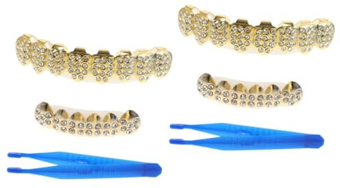 WRITWAA 2sätze Rhinestone Teeth Grills Für Cosplay Goldene Zahndeckel Für Rapper Für Kostümpartys Und Bühnenauftritte Einzigartiges Und Stilvolles Design Und Langlebig