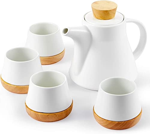 SFQEVHRZ Teiera da Cucina Set in Ceramica da 10 Pezzi, Set da tè con 25 once/750 ml e 4 Tazze da 150 ml e 4 sottobicchieri in Legno, Porcellana, Set Regalo, Bianco