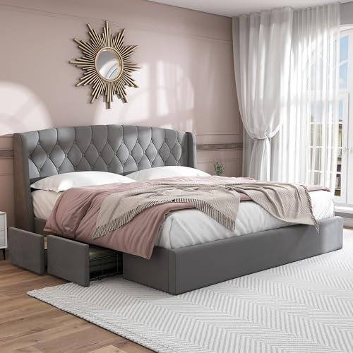 Soweiz Doppelbett mit Lattenrost und 4 Bettschubkästen,Samt Polsterbett,Schubladen aus stabilem Drahtgeflecht,ohne Matratze,grau (Grau, 180 x 200 cm)