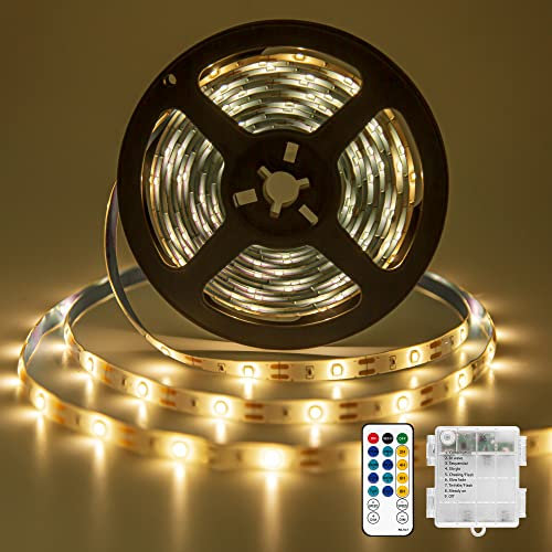 LED Streifen Batterie - 5 Meter 150 LED Batterie led Streifen für Deko Schneidbar, Led band mit 8 Modi IR Fernbedienung Batteriebetrieben Wasserdicht, Fernbedienung (Warmweiß) [Energieklasse A+]