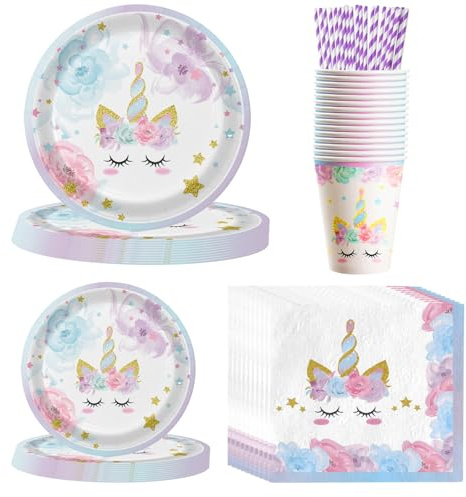 MORAINJAY 84 Pièces Vaisselles Anniversaire Kit pour Enfants à Thème Violet Licorne avec Assiettes Papier Serviettes Tasses et Pailles,Idéal pour Fêtes d'Enfants,Table Décoration Joyeuse -16 Invités